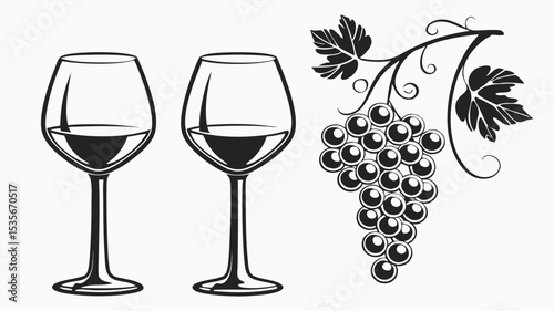 Black silhouette two wine glasses filled with red wine alongside a bunch of grapes with leaves in a monochrome style