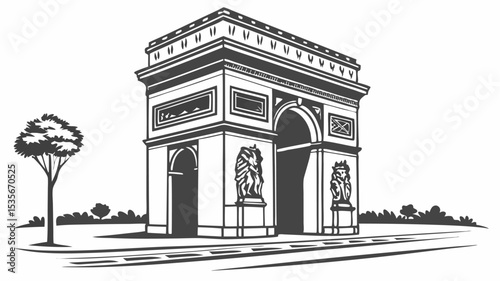 Black silhouette illustration of the arc de triomphe in paris with statues and a tree in a monochrome style art