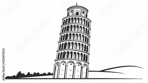 Black silhouette illustration of the leaning tower of pisa with black outlines on a white background and landscape view