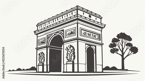 Black silhouette illustration of the arc de triomphe in paris with a tree to the right side in black and white style
