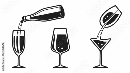 Black silhouette illustration showing wine bottle pouring into a champagne flute and two wine glasses on a white background