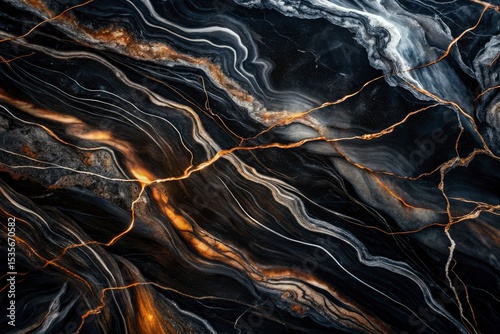 Black Marble Texture, Close-up White Veins, Luxury Stone Background, High-Resolution Image, Abstract Design