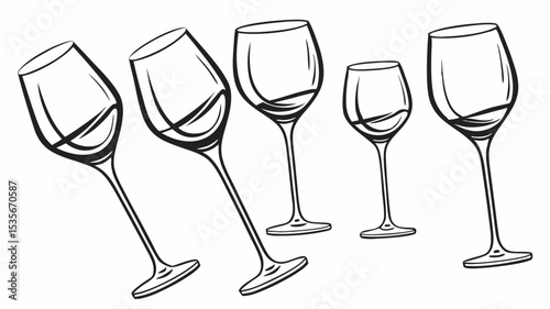 Black silhouette illustration of five wine glasses in varying sizes and orientations on a white background design is simple