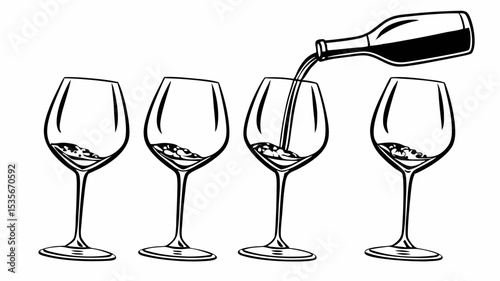 Black silhouette wine bottle pouring wine into a glass with three other glasses partially filled with wine on white background