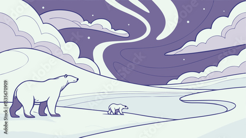 Arctic landscape design featuring polar bears under an aurora borealis sky