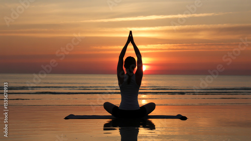 Woman in yoga pose at sunset on beach with arms raised and legs crossed in silhouette against sky
