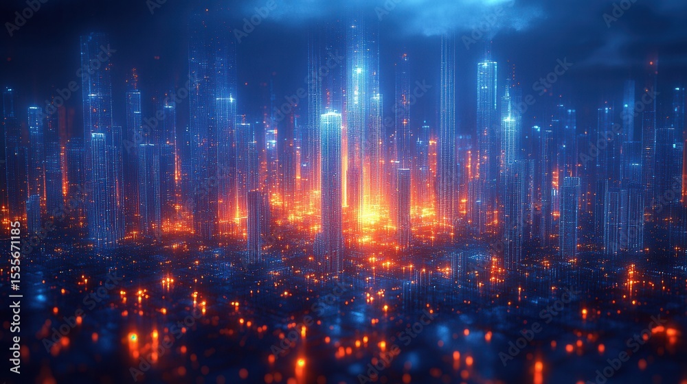 Fototapeta premium Futuristic Cityscape with Glowing Skyscrapers and Neon Lights