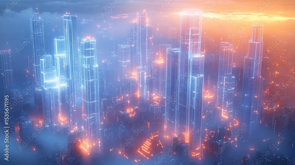 Fototapeta premium Futuristic Cityscape with Glowing Skyscrapers at Sunset
