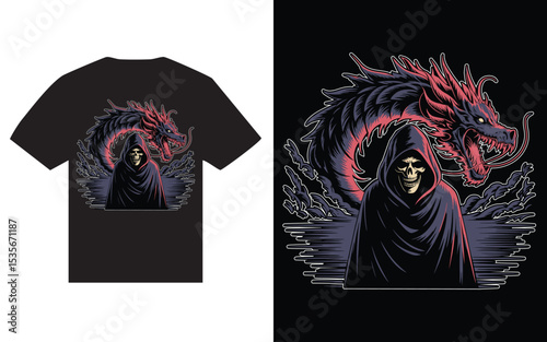Grim reaper with dragon t shirt design.