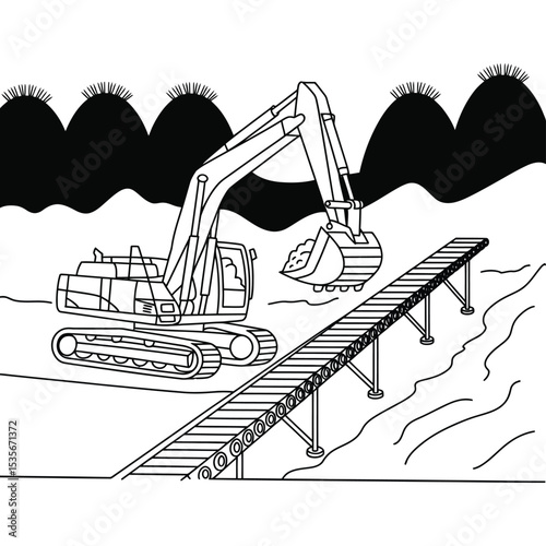 Coal mine illustration showing conveyor belts and machinery line art

