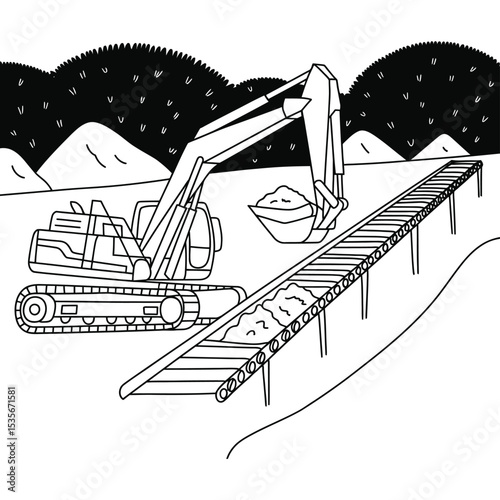 Industrial coal mining scene with equipment in line drawing style

