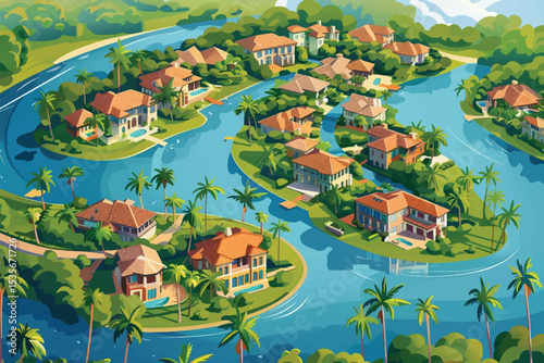 Top view of the city with different houses, buildings, yards. Roads with cars. River, pier with ships and boats. Vector illustration eps10. Realistic landscape. Cartoon flat style. View from above.