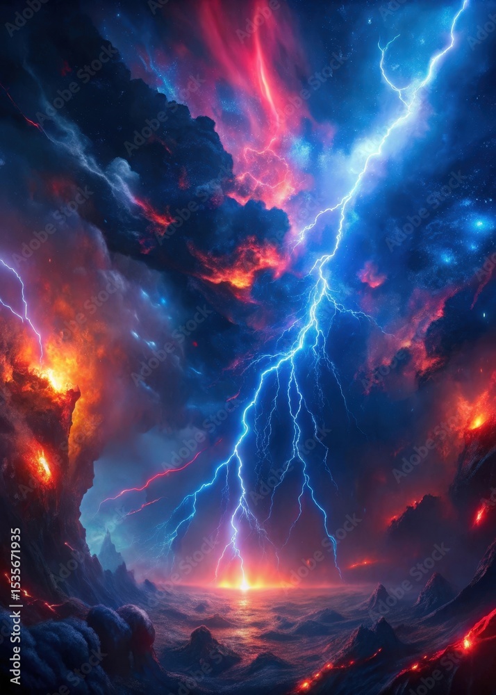 Fototapeta premium Dramatic Cosmic Eruption with Fiery Clouds and Striking Lightning