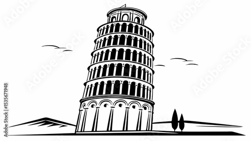Black silhouette illustration of the leaning tower of pisa with birds and trees on a white background in black and white