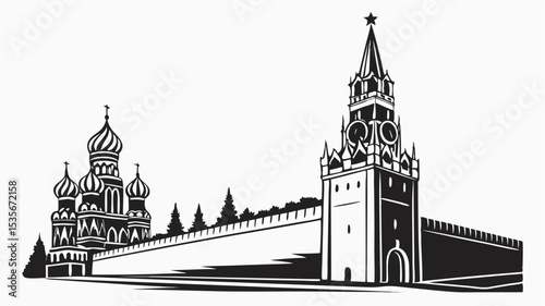 Black silhouette illustration of the kremlin with saint basil's cathedral and spasskaya tower in black and white style