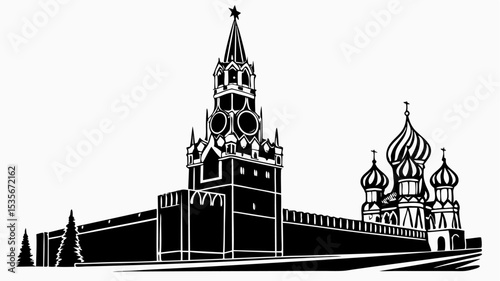 Black and white vector illustration of the kremlin and st basil's cathedral in moscow russia