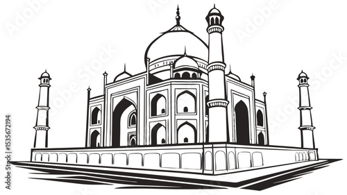 Black silhouette illustration of the taj mahal with its iconic dome and minarets in a black and white line drawing style