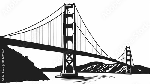 Black silhouette silhouette illustration of the golden gate bridge with hills and water in a monochrome color scheme