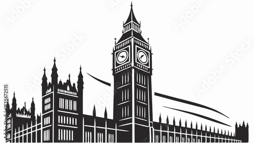 Black silhouette detailed silhouette of the houses of parliament and big ben in london england against a white background