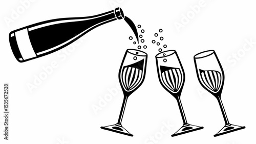 Black silhouette black and white illustration of a bottle pouring liquid into three champagne glasses with bubbles rising up