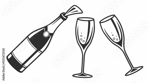 Black silhouette illustration of a champagne bottle opening with two champagne flutes with bubbles in a black and white style