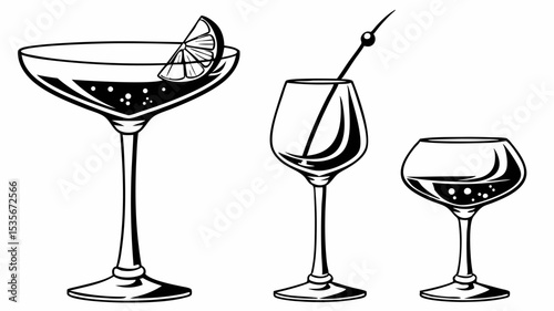 Black silhouette three cocktail glasses with different shapes and garnish in black and white line art illustration
