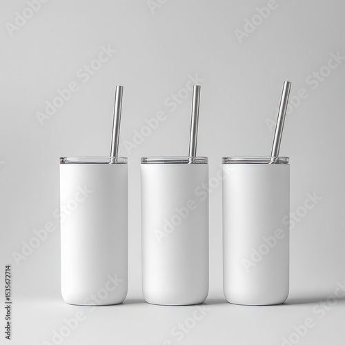 Three white tumblers with straws isolated on white background