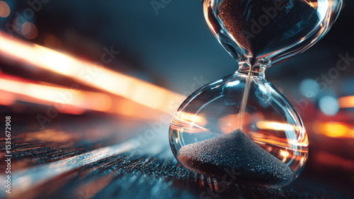 An hourglass with flowing sand that represents the concept of passing time. A stunning image that evokes the feeling of urgency