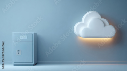 Cloud storage concept: a white cloud icon on a wall next to a metal cabinet
