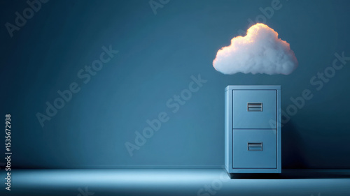 Cloud storage concept: A digital cloud hovers above a metal filing cabinet, symbolizing the transition from physical to online data storage.
