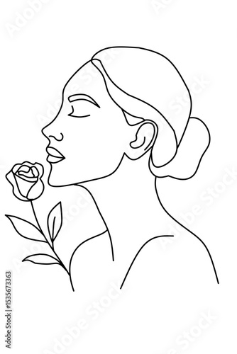 Simple line drawing of a woman's profile smelling a single rose. Represents beauty, fragrance, and tranquility