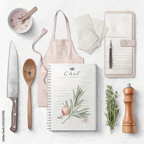 Minimalist and delicate watercolor-style flat lay of chef's items in soft pink, brown, and green hues for creative cooking and culinary concepts with copy space.