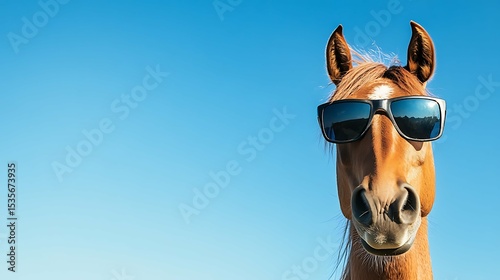 Cute horse with sunglasses outdoors on sunny day on blue sky background, empty space