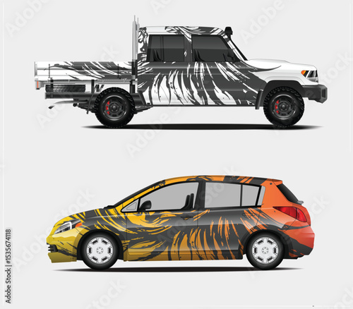 Abstract Brush Stroke Designs on Pickup Truck and Hatchback