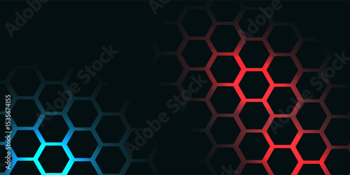 Dark hexagon abstract technology background with blue and green colored bright flashes under hexagon. Hexagonal gaming vector tech illustration black abstract background.