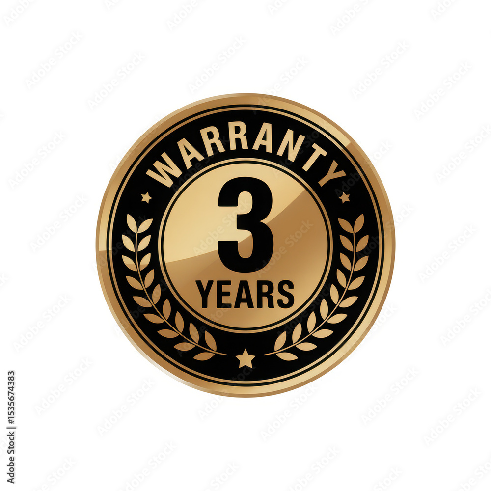 Fototapeta premium Gold three year warranty badge isolated on transparent background