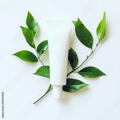 White cosmetic tube with green leaves isolated on white background