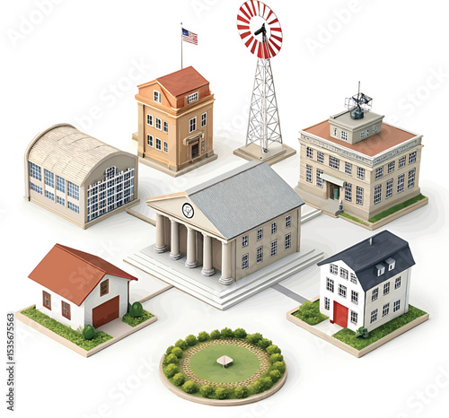 Isometric vector illustration of a city with a set of residential buildings, houses, and street architecture design