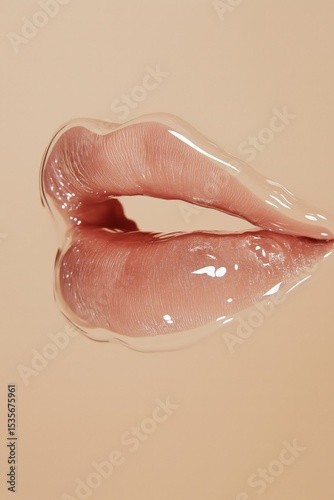 Glossy lips displayed against a soft beige background highlighting texture and shine