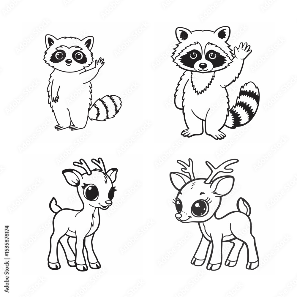 Obraz premium line art of cute animal bundle on the white background