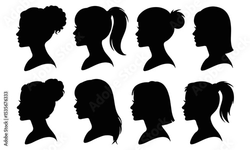 Silhouettes of women with various hairstyles set
