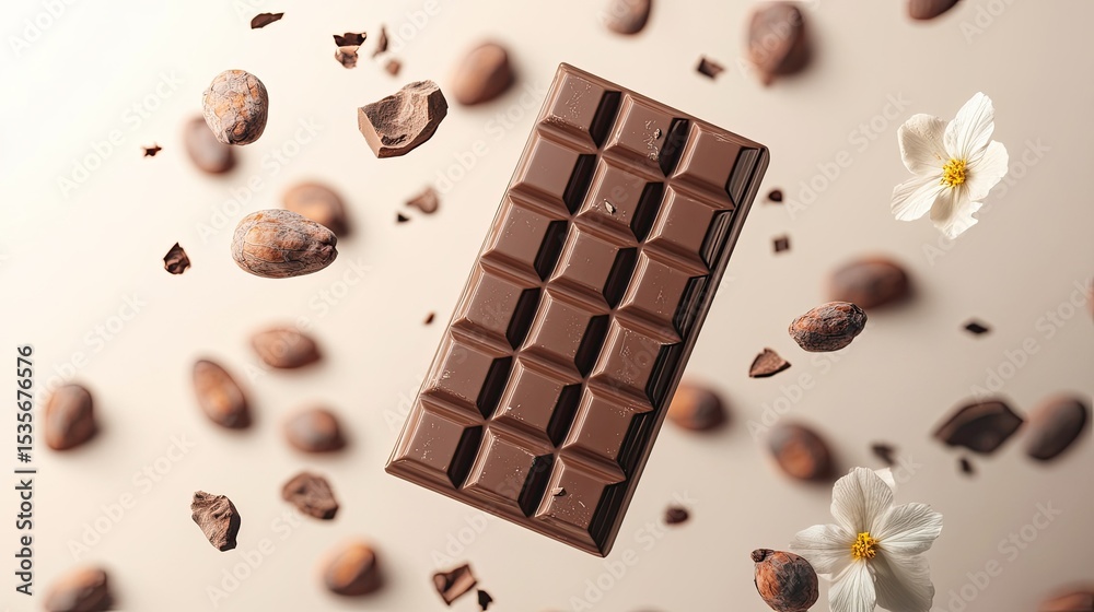 Fototapeta premium Dark chocolate bar surrounded by cocoa beans and flowers.