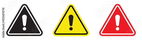 Attention icon set. Safety notice sign. Danger sign, warning sign, attention sign. Exclamation mark in triangle.