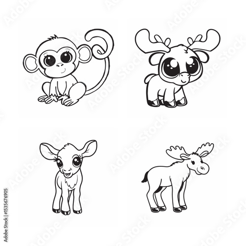 line art of cute animal bundle on the white background