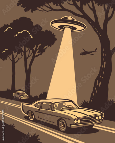 UFO Abduction Scene: Levitating Classic Car in Mysterious Night Beam with Foggy Road and Distant Vehicle, Generative AI