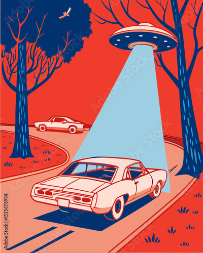 UFO Abduction Scene: Levitating Classic Car in Mysterious Night Beam with Foggy Road and Distant Vehicle, Generative AI