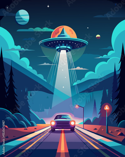 UFO Abduction Scene: Levitating Classic Car in Mysterious Night Beam with Foggy Road and Distant Vehicle, Generative AI