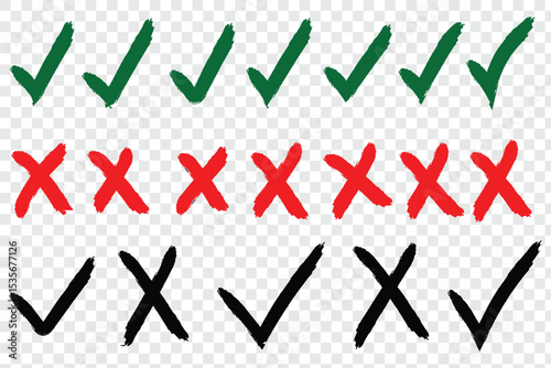 Hand drawn right and wrong vector sign in brush stroke outline shape. Check marks doodle set. Vote, yes, no, checkbox, checklist, tick and cross signs, v and x drawn concept. 