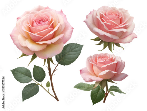 Pink roses placed apart each blooming with gentle elegance in watercolor style convert to vector