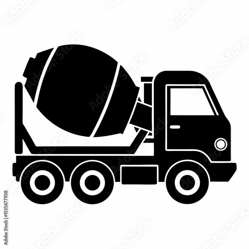 Concrete Mixer Truck Silhouette Icon | Solid Black Vector Linocut Design